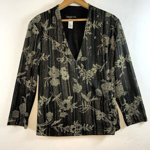 Womens Sheer Mesh Faux Wrap Top Sz L Floral Y2K Evening Office Siren Sequin USA